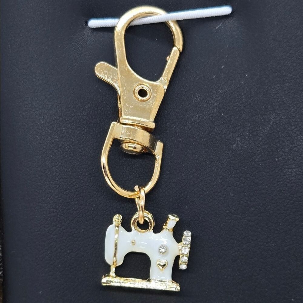 Sewing Machine Keychain | Gold White Enamel Rhinestone Clip NWT Retro Chic Gift